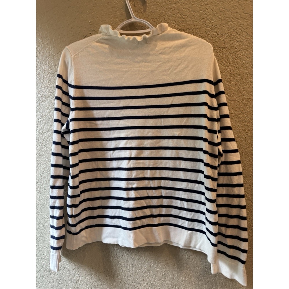 J Crew Sweater Women's L Striped Round Neck Ruffle Knit Nautical Cotton